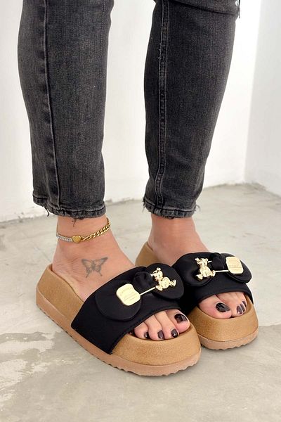Shoebutik Black Squba Yumyum - Papuci de plută cu cataramă pentru ursuleț