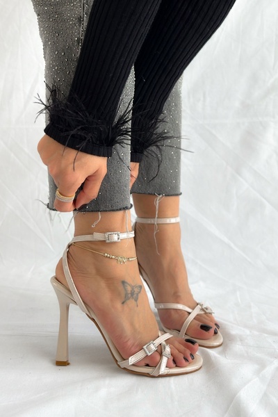 Shoebutik Beige Mojave Patent Leather - Two-Strap Stone Buckle Women's Sandals