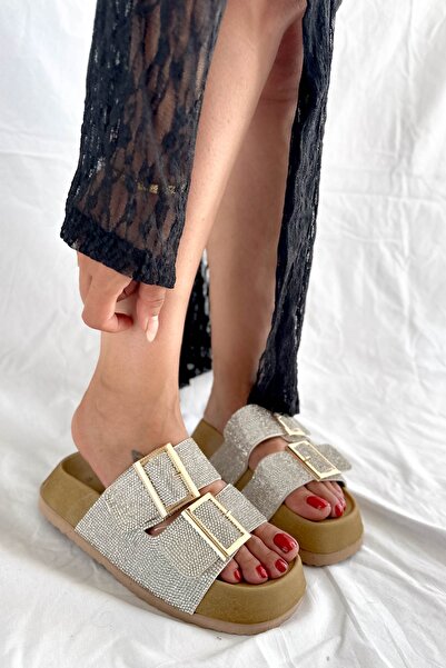 Shoebutik Silver Stone Detailed Cork Sole Women's Slippers