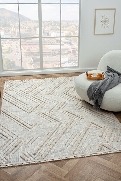 MOQA Avanos 1502 Bej Bukle Dokuma Halı Hav Toz Vermez Etnik Iskandinav Desenli Salon Mutfak Halısı