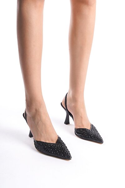 Siwera Kadın şeffaf siyah taşlı sivri burunlu kadeh topuklu bantlı Stiletto