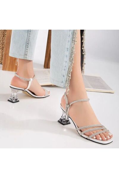 madamemuko Silver Stoned Transparent Goblet Evening Dress Sandals - 7 Cm New ...