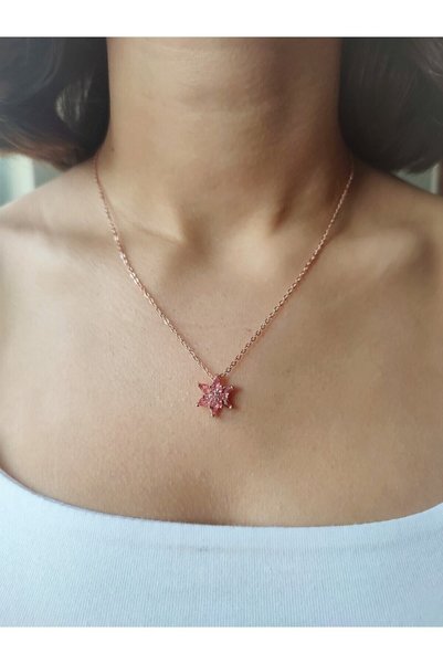 Aurora Jewelry Kadın Rose Gold Zincir Kaplama Zirkon Taşlı Pembe Lotus Çiçeği Kolye