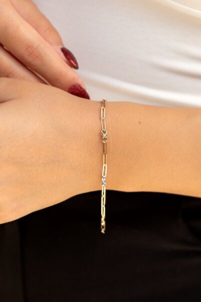 Cenova Jewelry 14 Ayar Altın Ataç Zincirli Sonsuzluk Bilekliği
