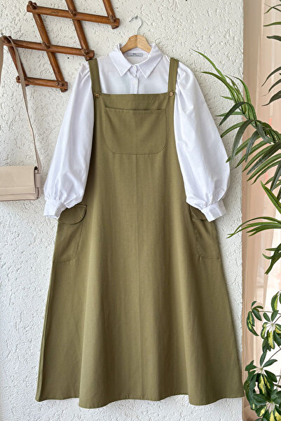 Ceylan Otantik Χακί λινό φούστα Salopet