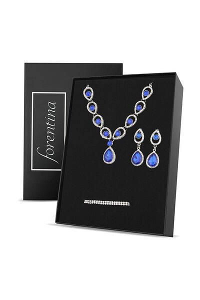 Forentina Gümüş Renk Lacivert Taşlı Kolye Küpe Bileklik Takı Seti - Ps278900tr