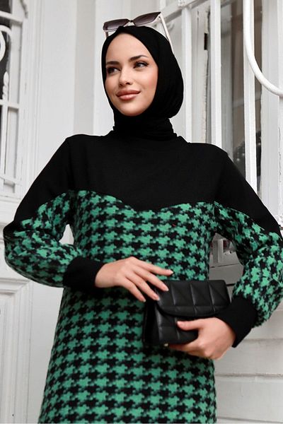 Bestenur Bade Patterned Hijab Dress 658 - Green