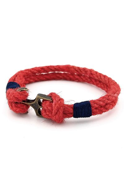 Solfera Men's Bracelet M056C - Red Rope, Navy Blue Braid, Bronze Color Metal Anchor Sailor