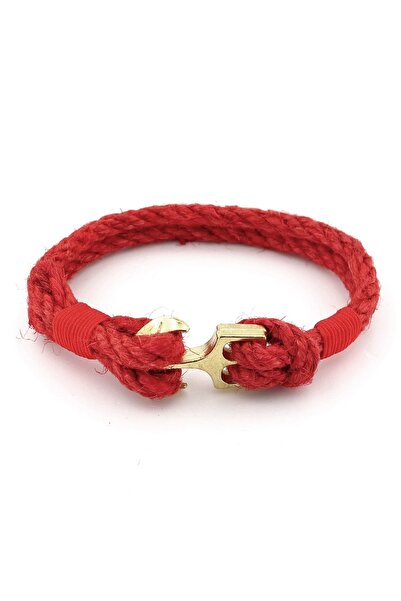 Solfera Men's Bracelet M056B - Red Rope Braid, Yellow Colored Metal Anchor Sailor