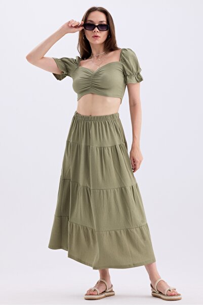 MD trend Heart Collar Crop Top and Elastic Waist Women's Skirt - Princess Sleeve Set
