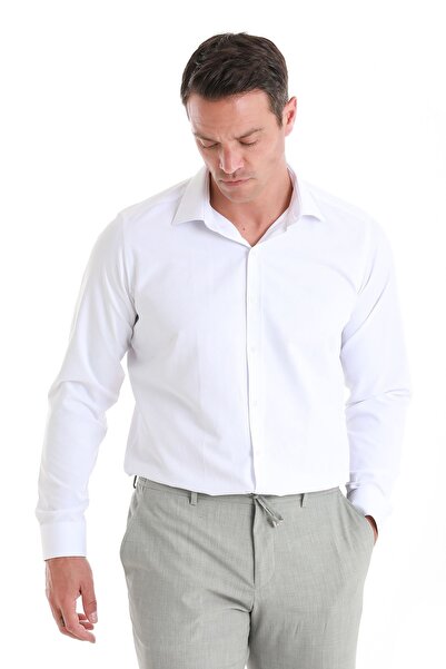 Hatemoğlu Beyaz Slim Fit Desenli Slim Yaka Pamuklu Uzun Kollu Gömlek