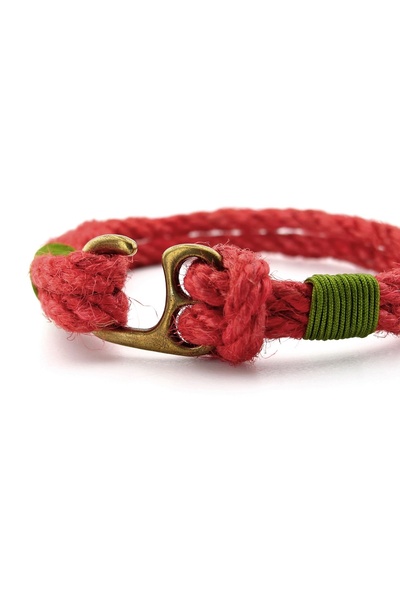 Solfera Men's Bracelet - Red Rope, Green Braid, Bronze Metal Hook, M055B