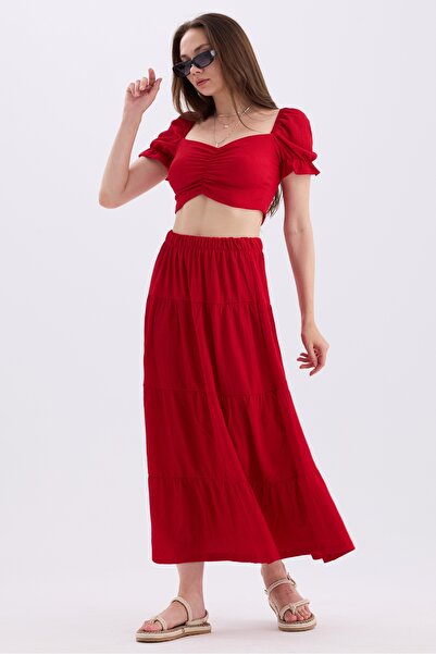 MD trend Heart Collar Crop Top and Elastic Waist Women's Skirt - Princess Sleeve Set