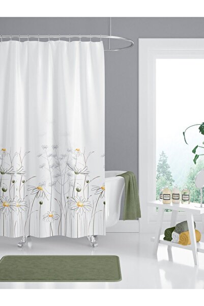 Tropikhome Duş Perdesi Çift Kanat 2x120x200cm Papatya Desenli Çiçekli Banyo P...