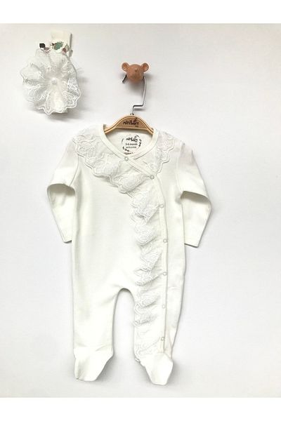 MİNİBORN Baby Girl Ecru Newborn Lace Bandana Jumpsuit