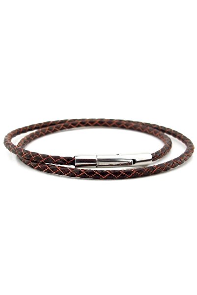 Solfera Kahverengi  İnce Deri Sarma Paslanmaz Çelik Klips Erkek Bileklik M059E