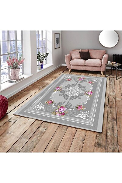 AZRACA HOME İpek Kadife Gri Buket Halı Örtüsü