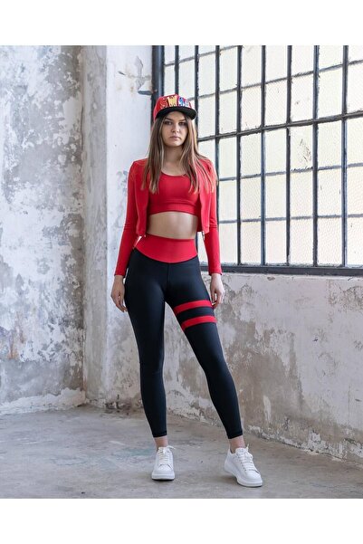 lismina Bacağı Çift Kırmızı Şeritli Siyah Ekstra Yüksek Bel Toparlayıcı Spor ...