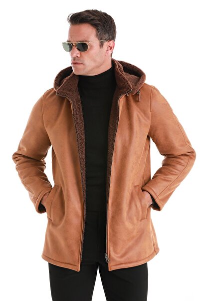 Hatemoğlu Kahverengi Slim Fit Hakim Yaka Kapüşonlu Basic Deri Kaban