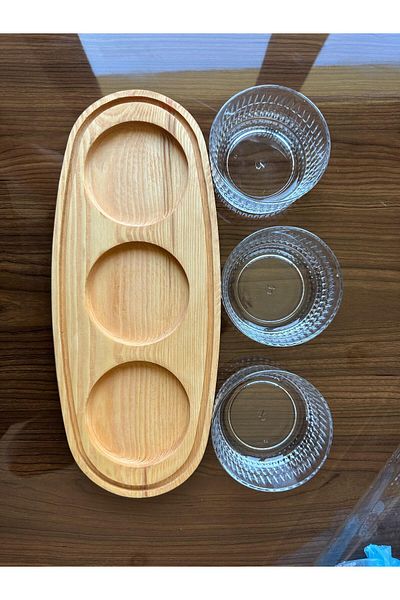 ZURİ DESİGN 4-Piece Fruit Bowl Sauce Bowl with Wooden Stand - Pasabahce with Bowl (530122)