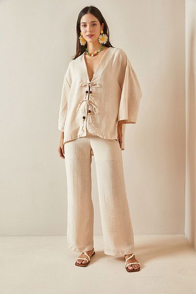 XHAN Beige Kimono Set - Bead Detailed, 5YXK8-48715-25