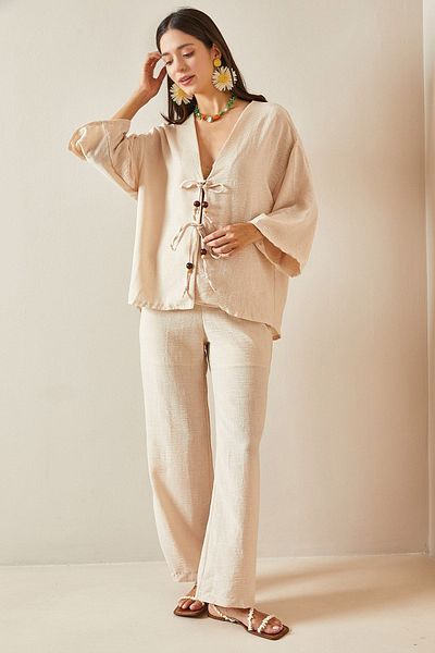 XHAN Beige Kimono Set - Bead Detailed, 5YXK8-48715-25
