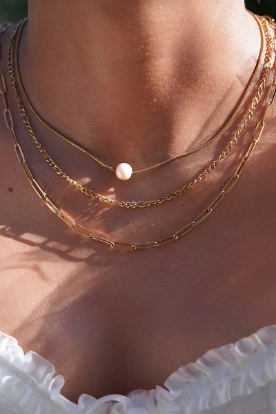 AŞIK ACCESSORIES 3-Piece Steel Chain Set with Pearls - Figaro and Paperclip Chains