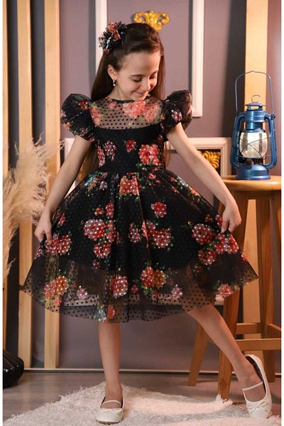 Retro Women Black Floral Girl's Evening Dress with Buckle, Tutu Princess Dress, for Birthday and Graduation