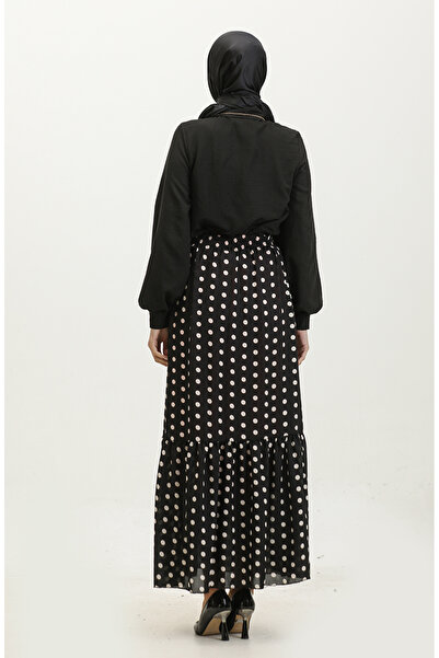 sefamerve Black Voile Skirt Polka Dot Patterned and Gathered - 0343C-01