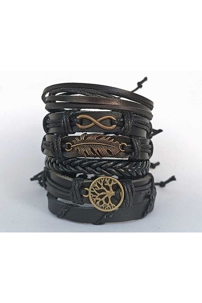 BSN Tree of Life Leaf Infinity 6 Piece Genuine Leather Bijouterie Bracelet with Antique Bronze Figure