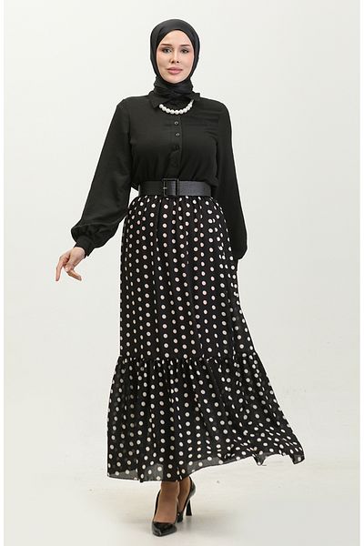 sefamerve Black Voile Skirt Polka Dot Patterned and Gathered - 0343C-01