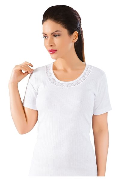 LÜXDRM 066 - 3 Pieces Lace Collar Detailed, Cotton, Short Sleeve, Women's Undershirt