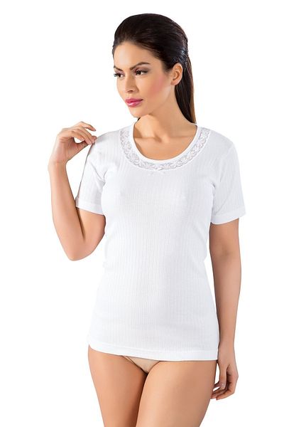 LÜXDRM 066 - 3 Pieces Lace Collar Detailed, Cotton, Short Sleeve, Women's Undershirt