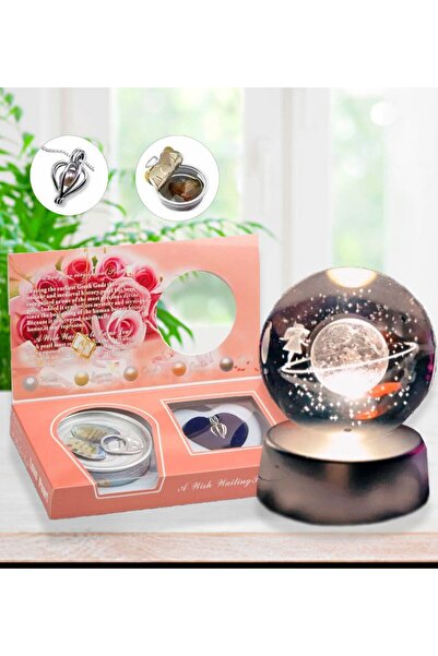 rk tasarım Satürn 3D Işıklı Kristal Küre & İstiridye İnci Kolye Hediye Seti