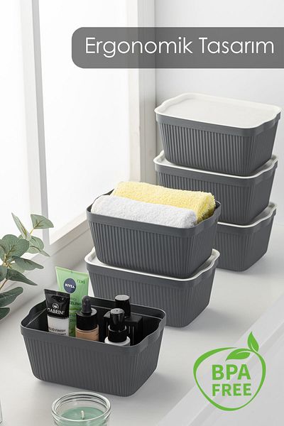 Meleni Home 3-Piece Perry Storage Box - Cosmetic Makeup Bathroom Organizer Box with Lid 3x1.5Lt Anthracite