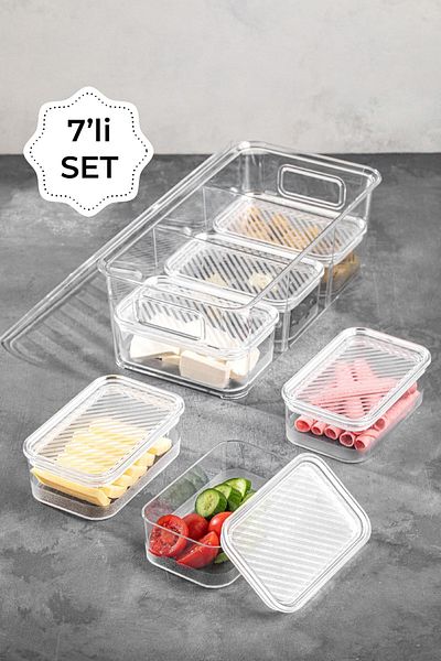 Vienev 7 Compartment Acrylic Box with Lid Storage Container Set Breakfast Bowl Transparent