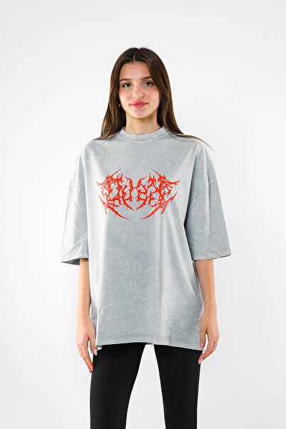 Bak Moda Tricou oversize unisex, lavabil, alb, roșu amurg, imprimat