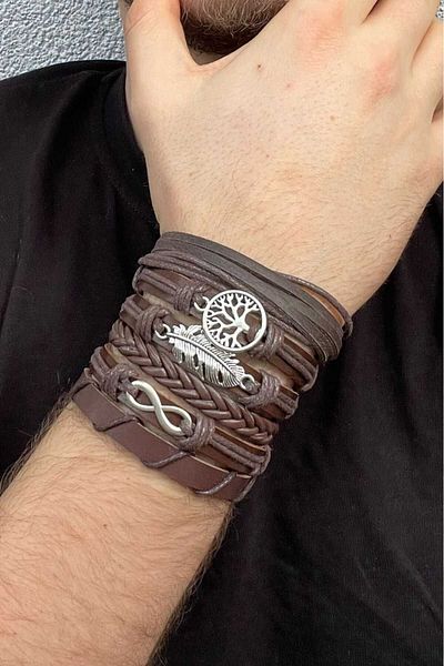 BSN Store 6-Piece Infinity - Brown Bracelet with Tree of Life Leaf Figure