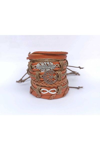 BSN 6-Piece Genuine Leather Infinity Bracelet - Leaf Tan Charm