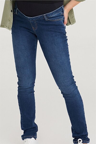 VAVIEN Hamile Jean Likralı Denim Pantolon Slim Fit Koyu Mavi 1014