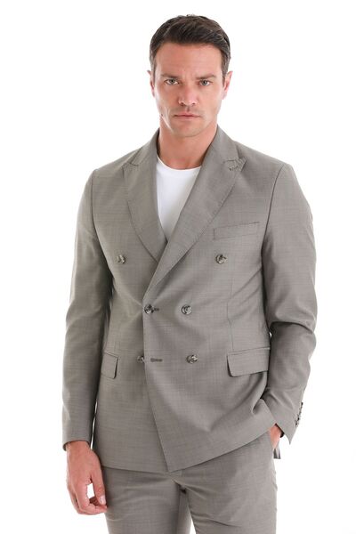 Hatemoğlu Vizon Slim Fit Desenli Kruvaze Klasik Takım Elbise