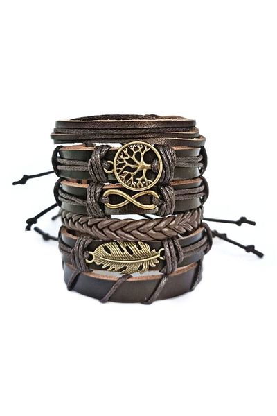 BSN Store Tree of Life Infinity Leaf Antique Bronze Figured 6-Piece Genuine Leather Bracelet