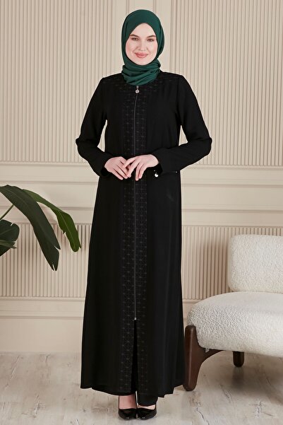 JALİA Maypoul Fabric - Laminated Lace, Zipper Edge and Shoulder Detail Battal Ferace-6020