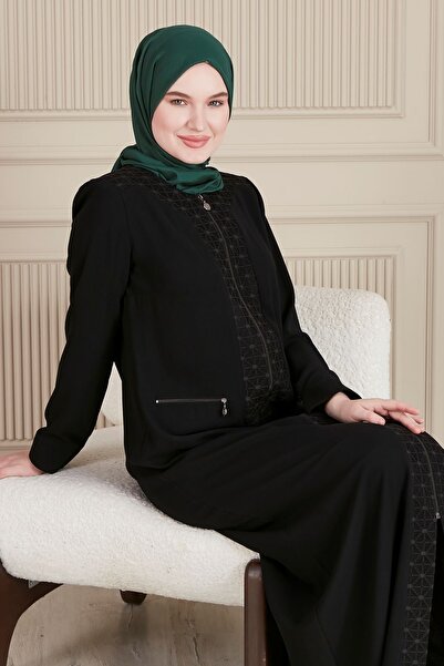 JALİA Maypoul Fabric - Laminated Lace, Zipper Edge and Shoulder Detail Battal Ferace-6020