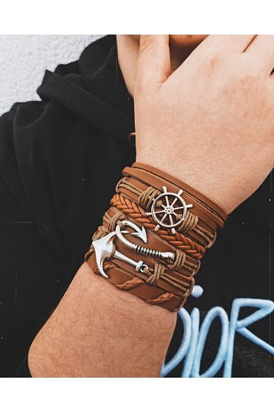 BSN Sailor Combination 6 Piece Tan Handmade Genuine Leather Bracelet