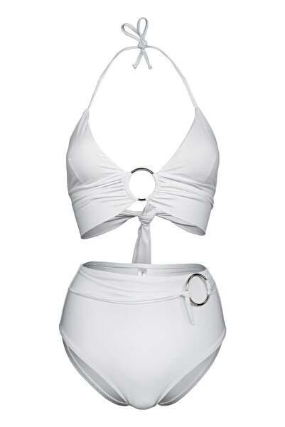 Transacoustic Beyaz Halka Aksesuarlı Yüksek Bel Çift Kat Özel Koleksiyon Tulumlu Şık Bikini Takım