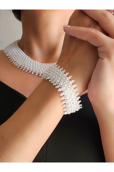Eva Takı Mode Collar White Glass Pearl Necklace and Bracelet Set - Handmade