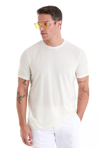 Hatemoğlu Μπλουζάκι από λινό εκρού - Κανονική εφαρμογή, μασίφ λαιμόκοψη