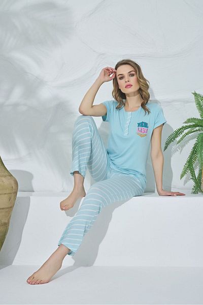 seamlife Pijamale de vară pentru femei, 100% bumbac, cu dungi albastre - guler cu nasturi, mâneci scurte