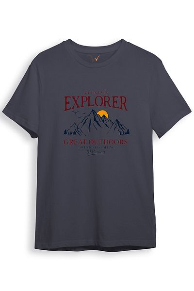 WİDİ Mountain Explorer Mountaineer Traveler-explorer Regular Fit 100% βαμβακερό γκρι μπλουζάκι με λαιμόκοψη